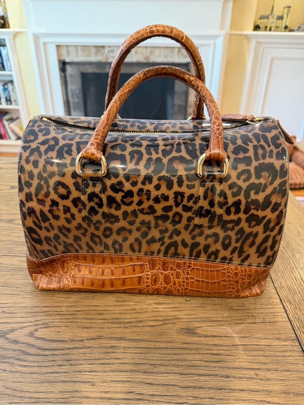 Furla Leopard Print Candy Bag with ostrich Tan Trim
